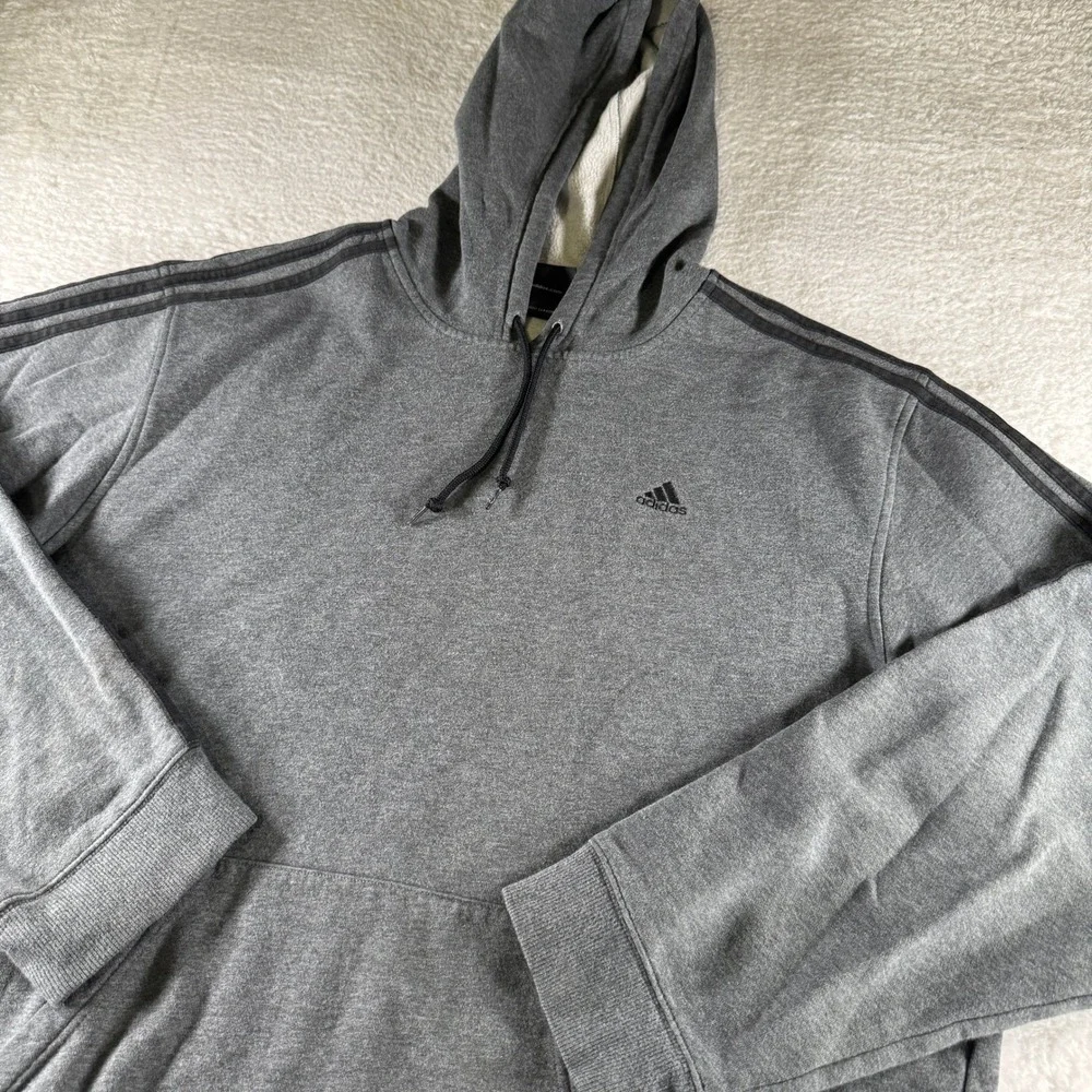 Y2K Adidas Striped Solid Hoodie Boxy Fit Gray Black Logo Men's XL Clean Pullover